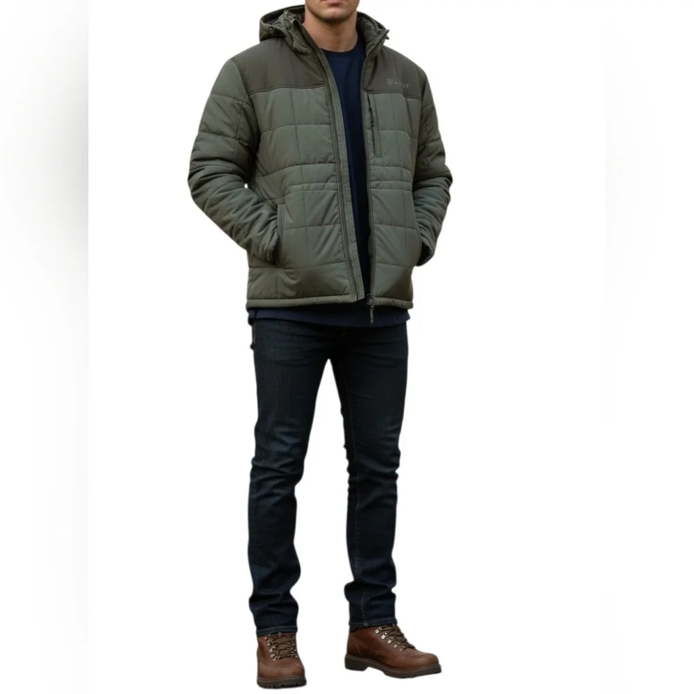 Men's Ariat Olive Hooded Puffer Jacket - Insulated Winter Coat XL